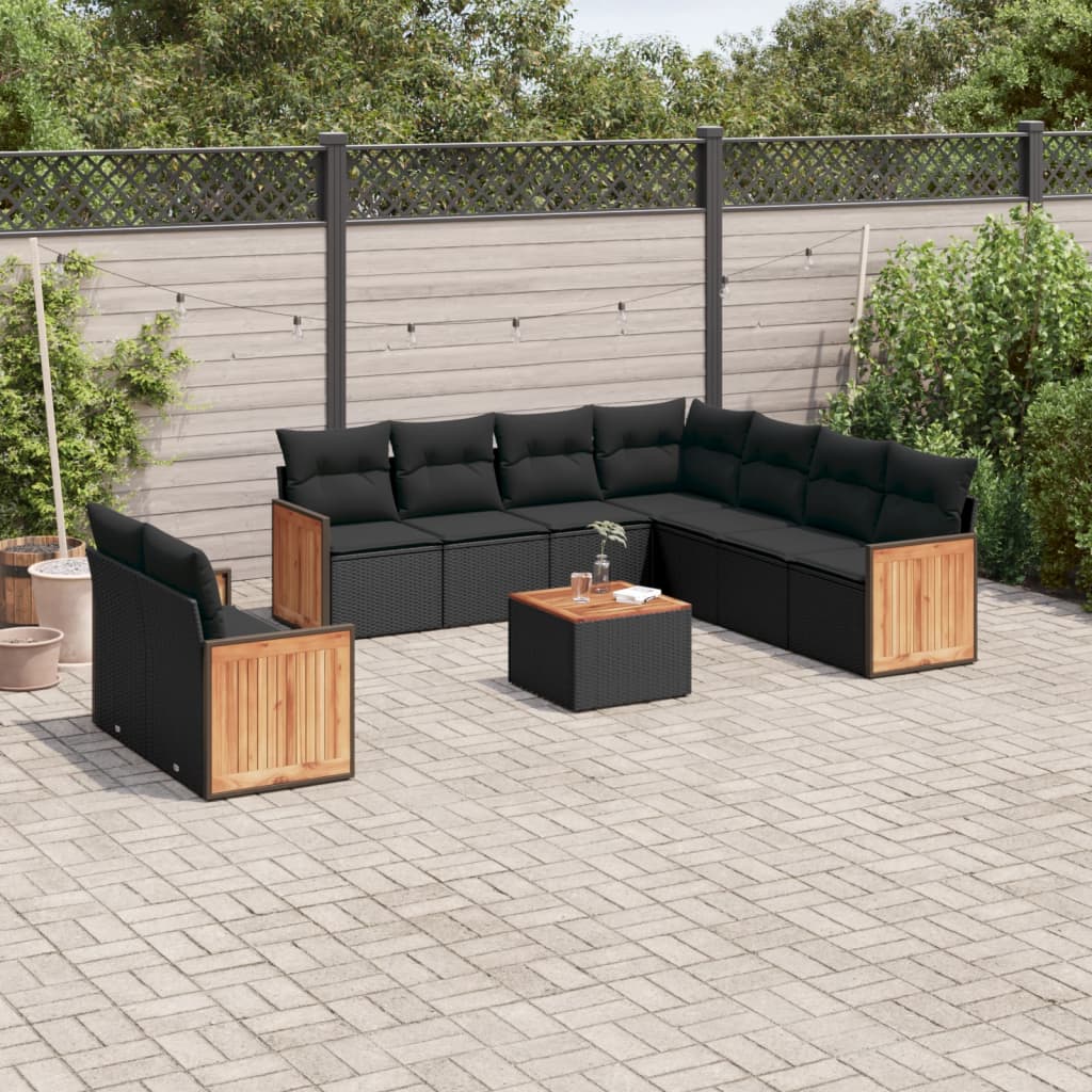10-delige Loungeset met kussens poly rattan zwart – afbeelding 1