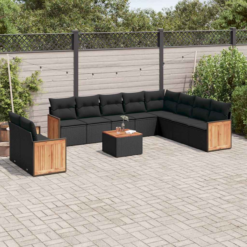 11-delige Loungeset met kussens poly rattan zwart – afbeelding 1
