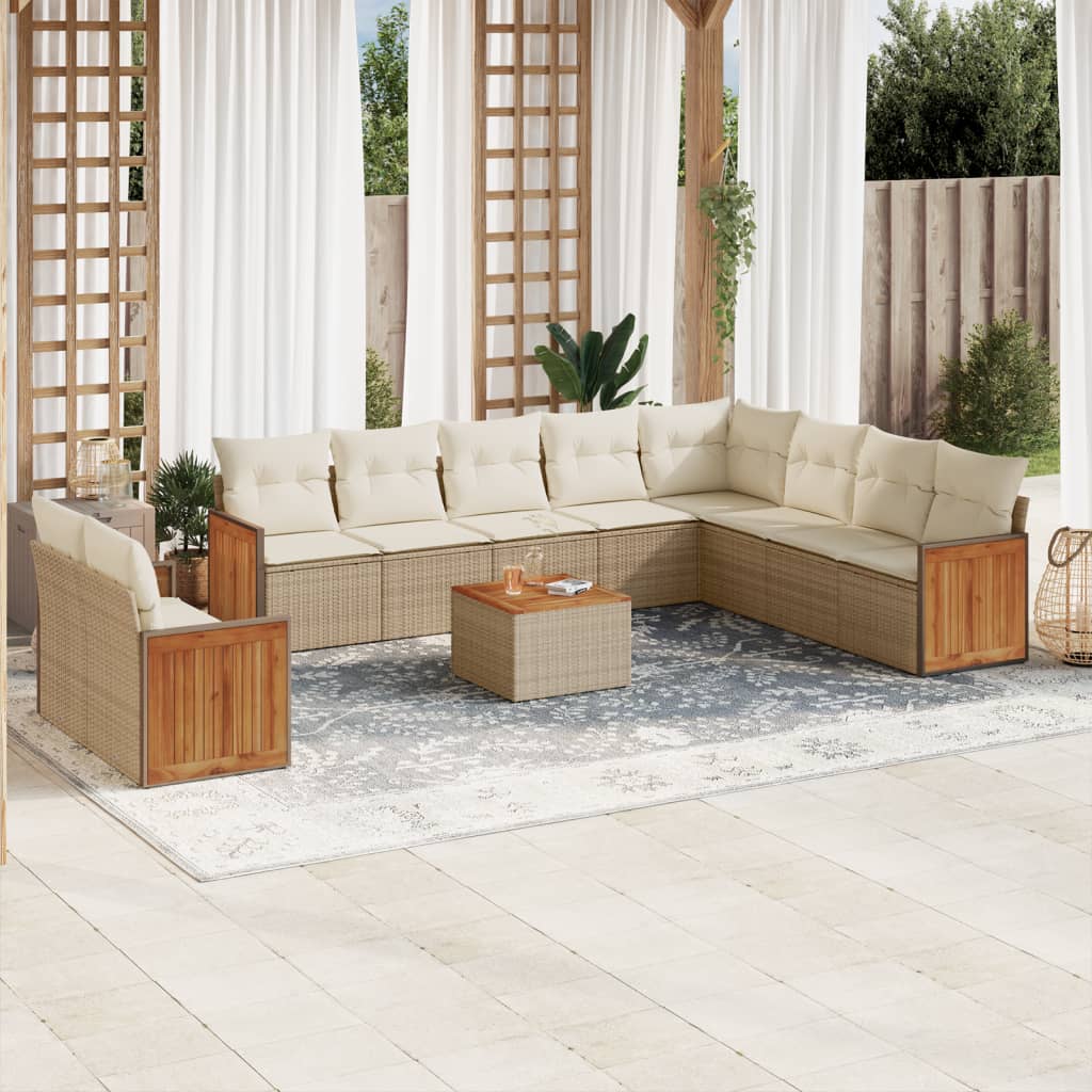 11-delige Tuinset met kussens poly rattan beige – afbeelding 1