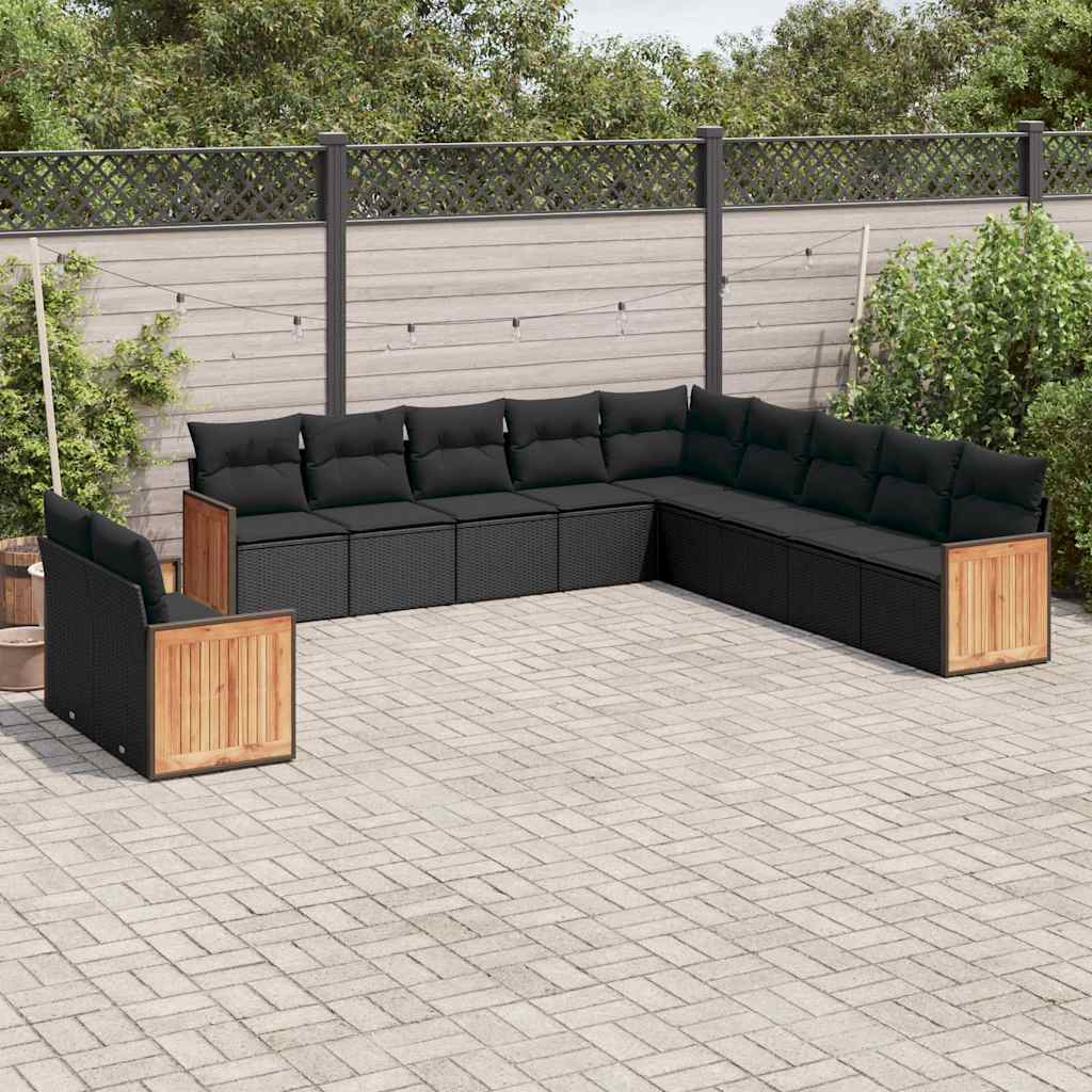11-delige Loungeset met kussens poly rattan zwart – afbeelding 1
