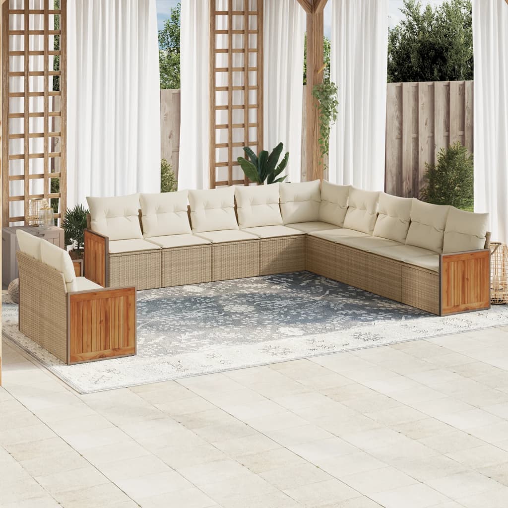 11-delige Tuinset met kussens poly rattan beige – afbeelding 1