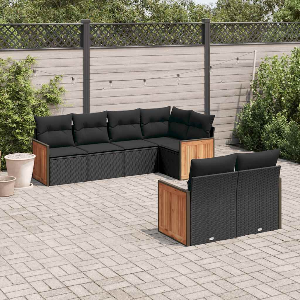 7-delige Loungeset met kussens poly rattan zwart – afbeelding 1