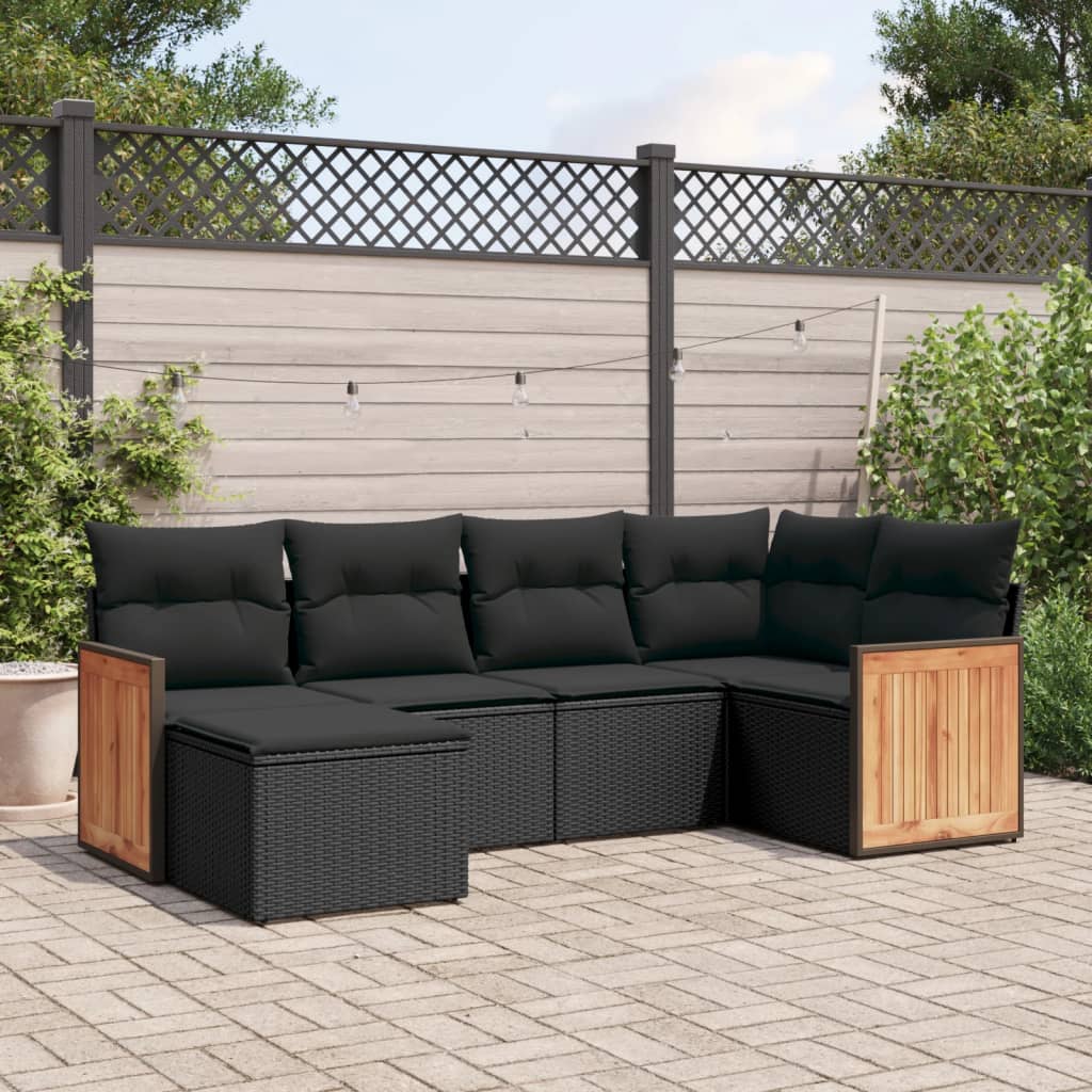 6-delige Loungeset met kussens poly rattan zwart – afbeelding 1