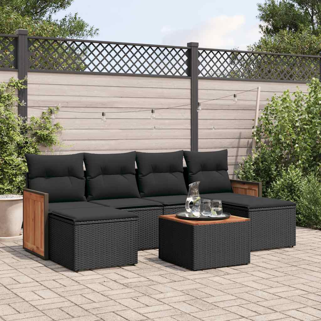 7-delige Loungeset met kussens poly rattan zwart – afbeelding 1