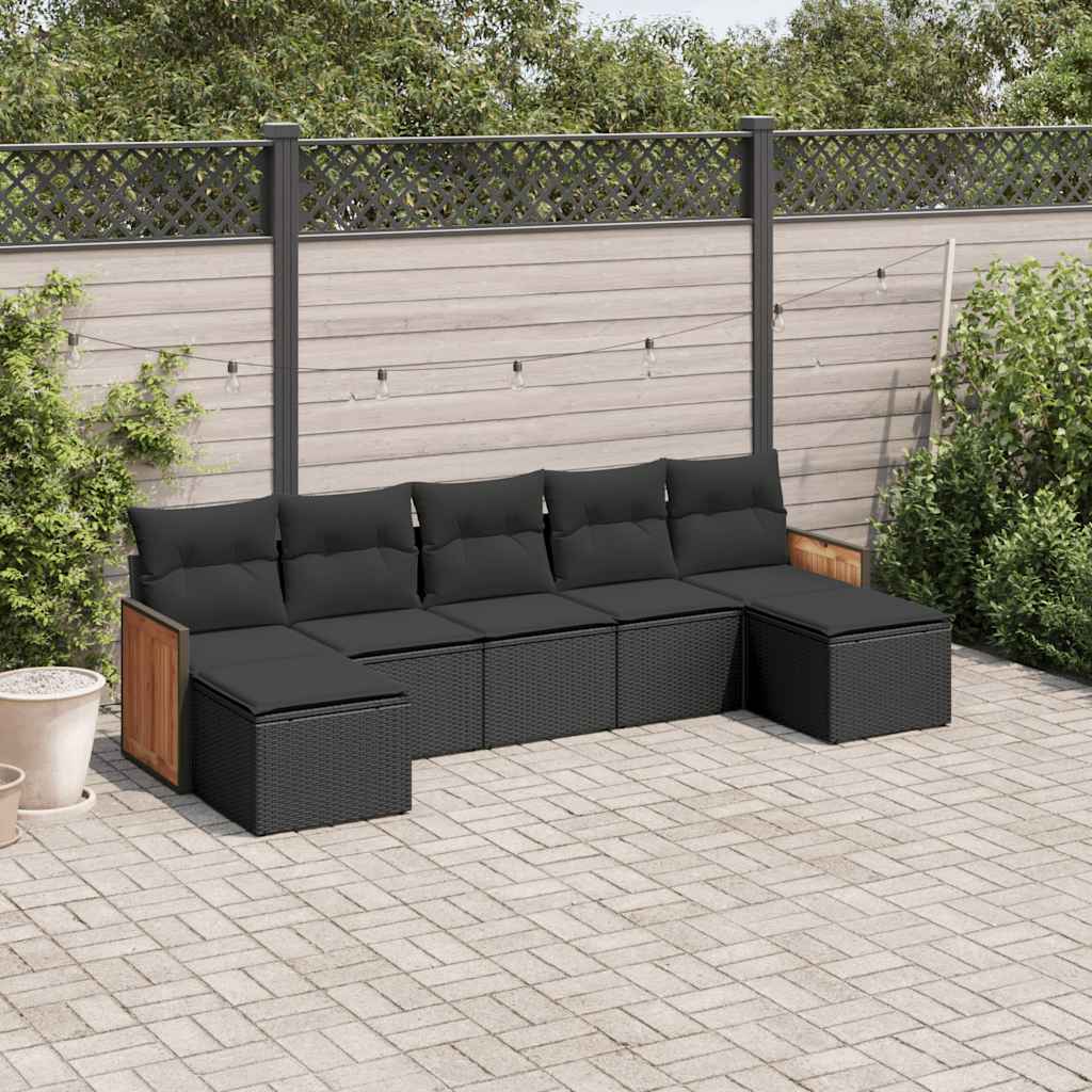 7-delige Loungeset met kussens poly rattan zwart – afbeelding 1
