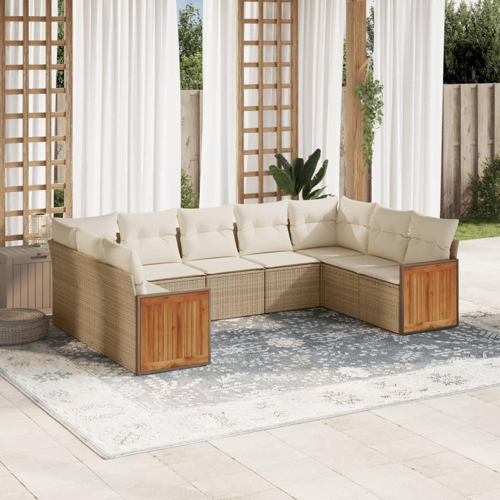 9-delige Loungeset met kussens poly rattan beige – afbeelding 1