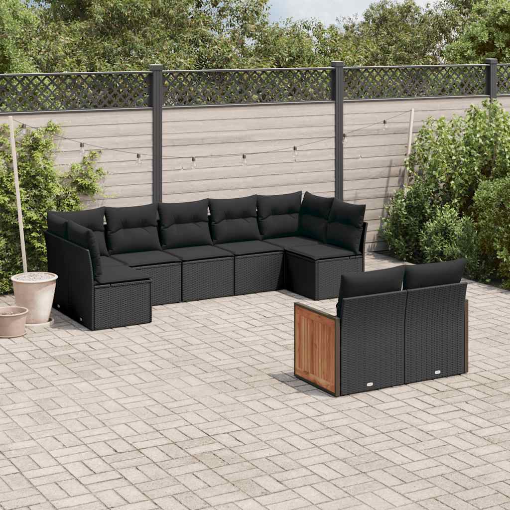 9-delige Loungeset met kussens poly rattan zwart – afbeelding 1