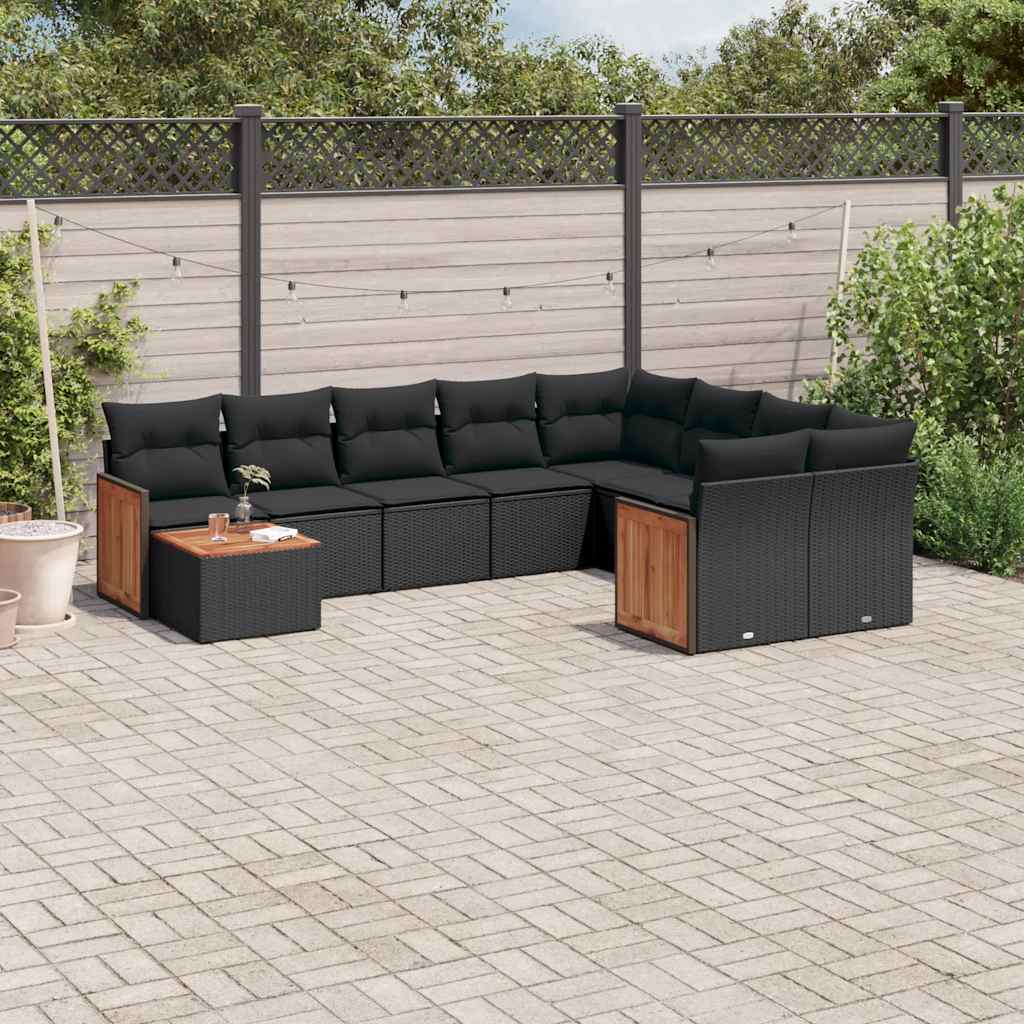10-delige Loungeset met kussens poly rattan zwart – afbeelding 1