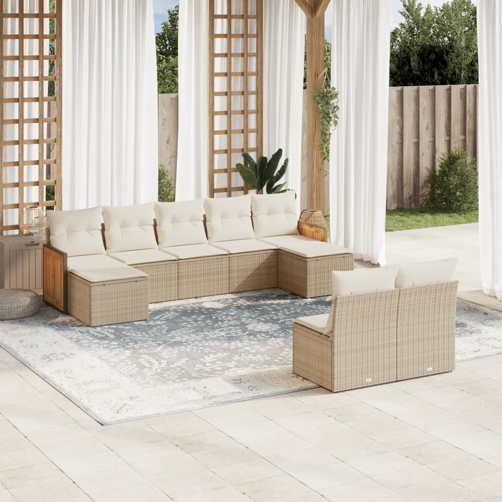 9-delige Loungeset met kussens poly rattan beige – afbeelding 1