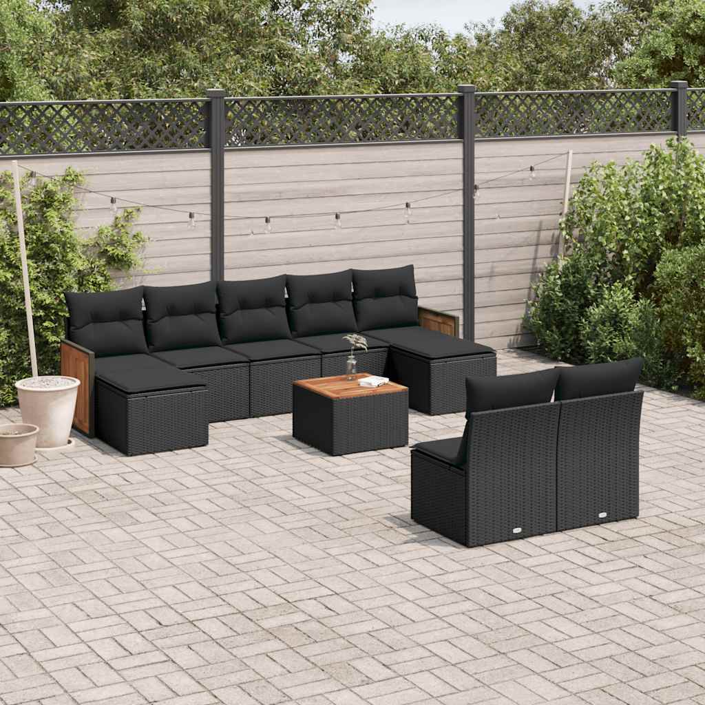 10-delige Loungeset met kussens poly rattan zwart – afbeelding 1