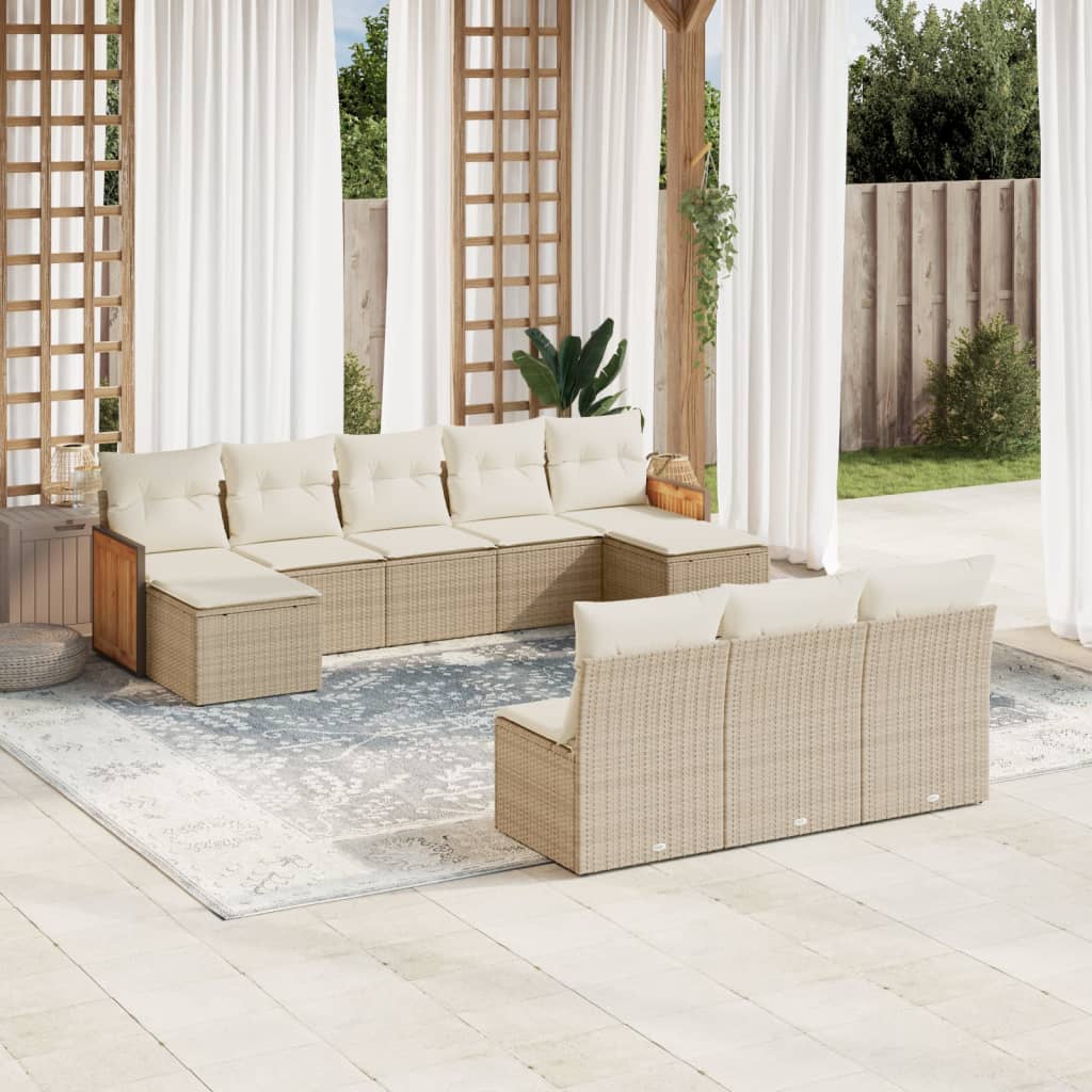 10-delige Loungeset met kussens poly rattan beige – afbeelding 1