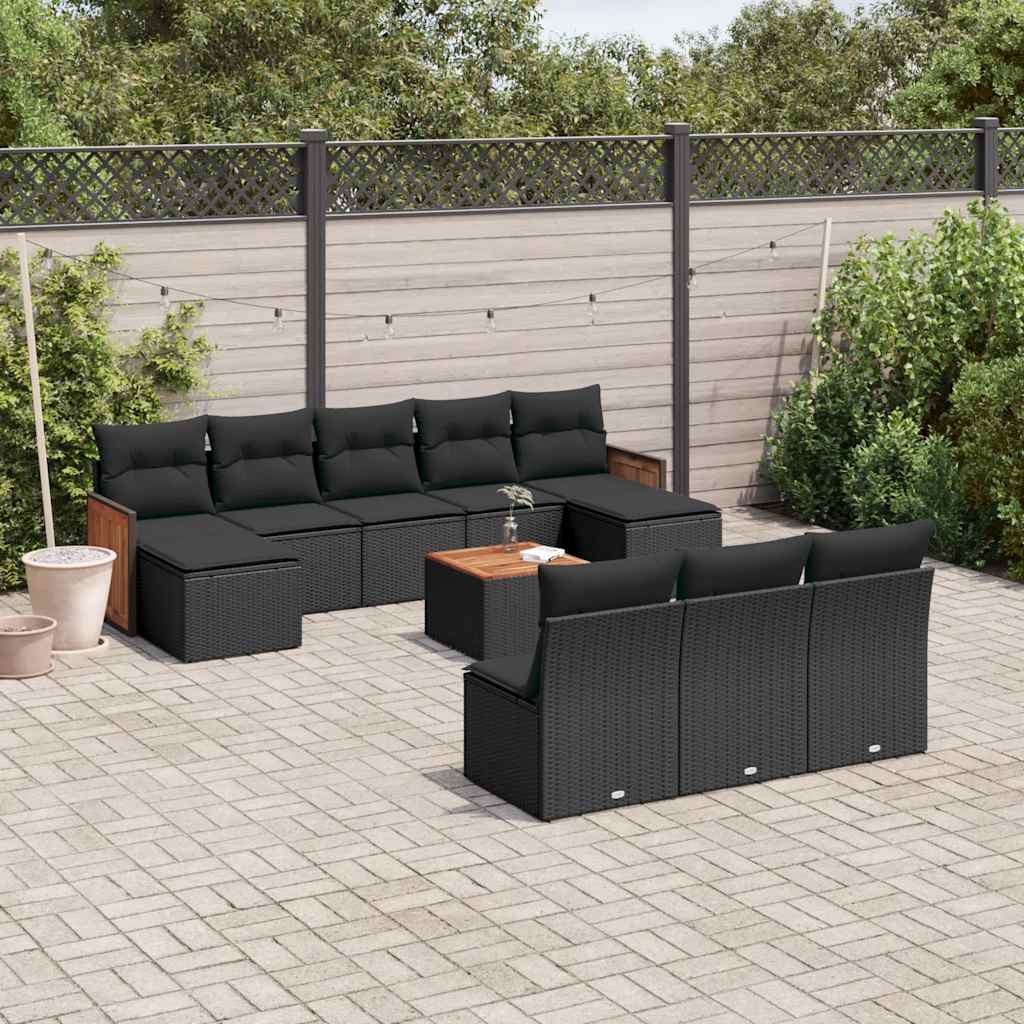 11-delige Loungeset met kussens poly rattan zwart – afbeelding 1