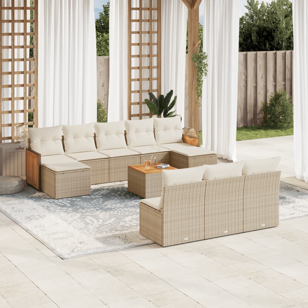 11-delige Tuinset met kussens poly rattan beige – afbeelding 1