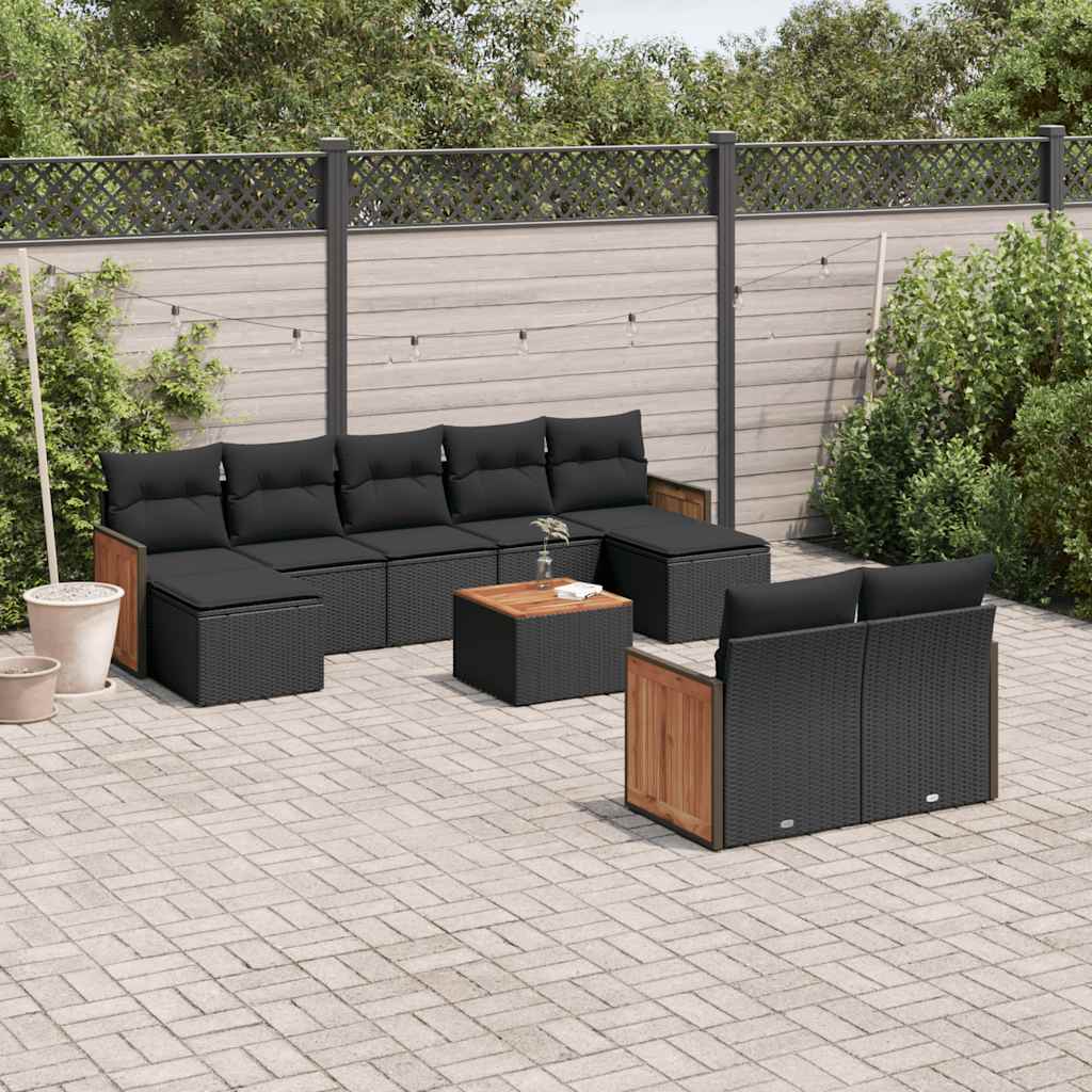 10-delige Loungeset met kussens poly rattan zwart – afbeelding 1