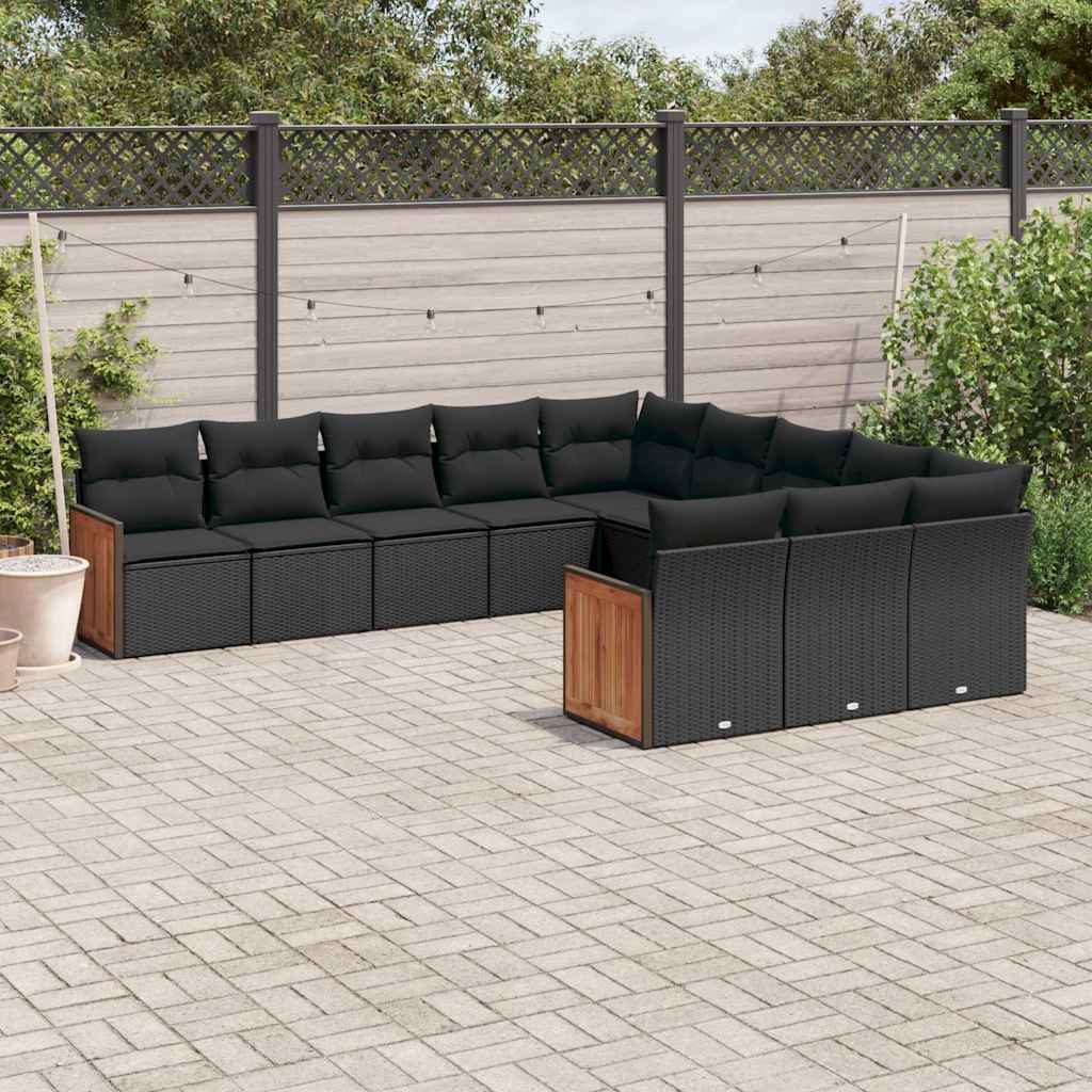 11-delige Loungeset met kussens poly rattan zwart – afbeelding 1