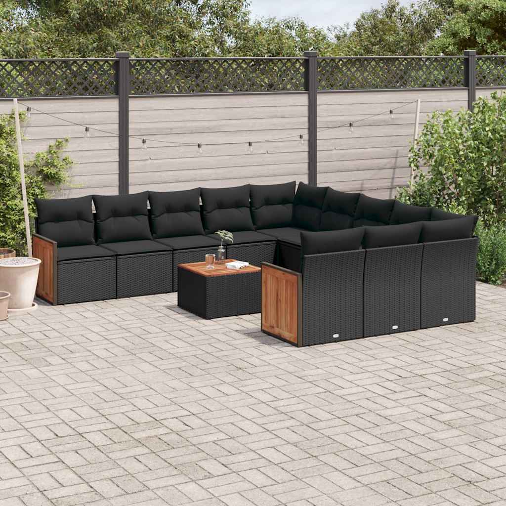 12-delige Loungeset met kussens poly rattan zwart – afbeelding 1