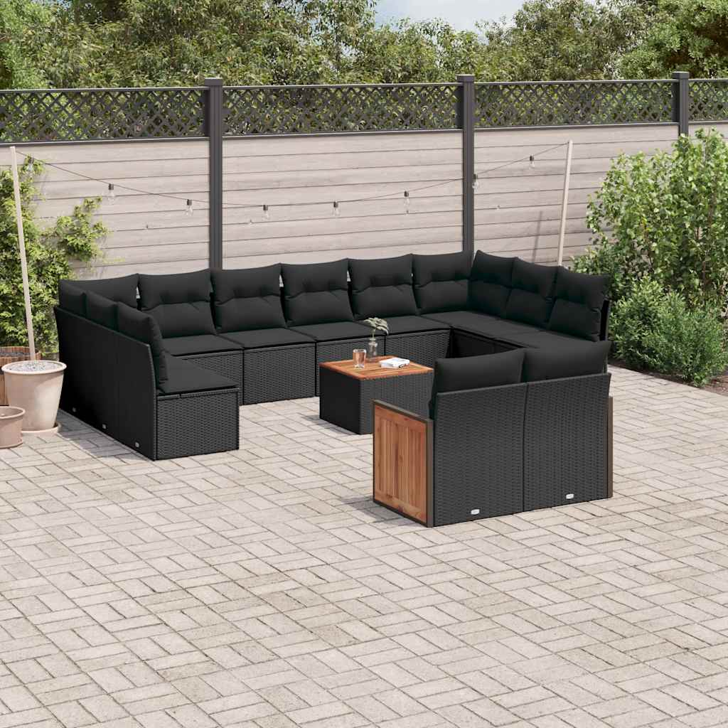 13-delige Loungeset met kussens poly rattan zwart – afbeelding 1