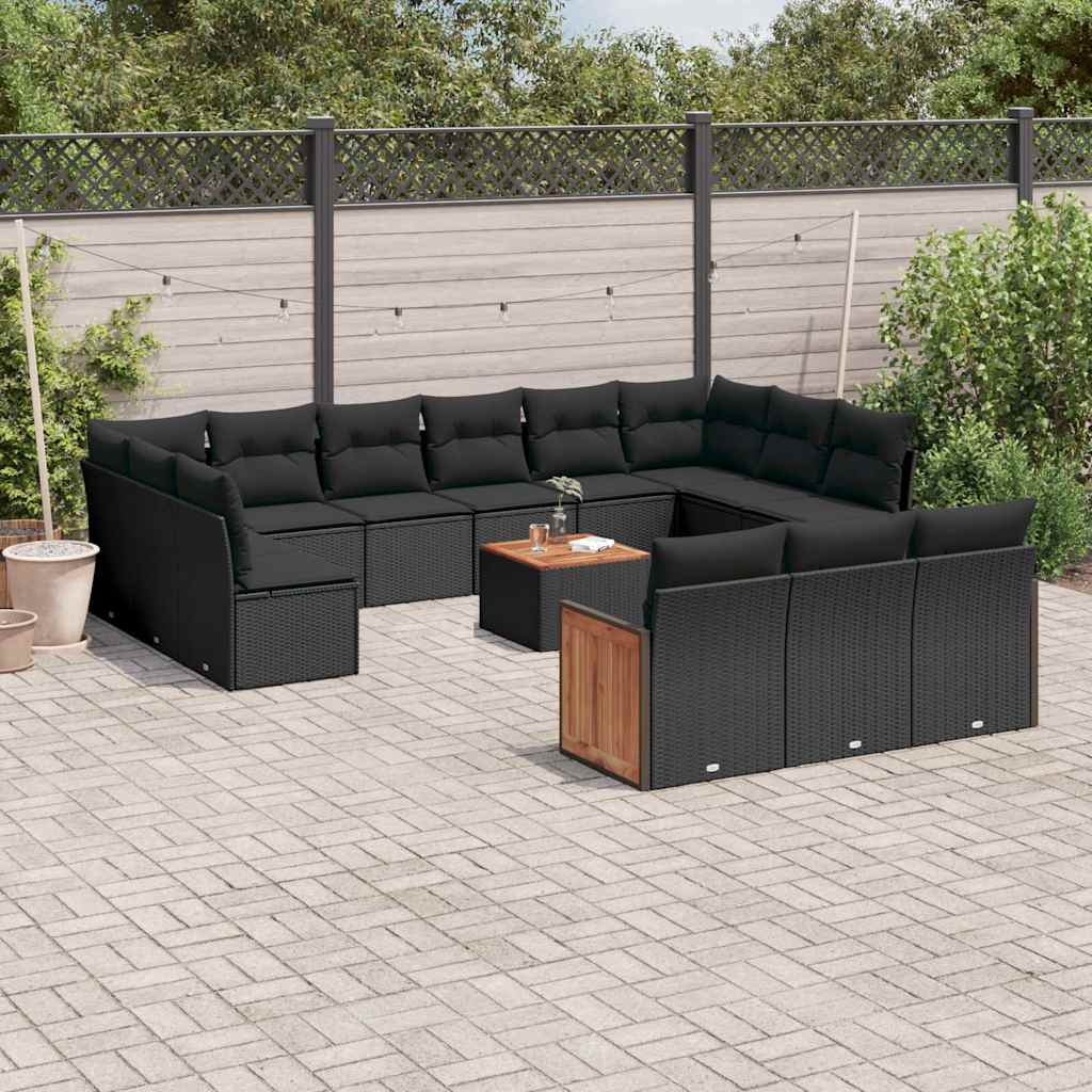 14-delige Loungeset met kussens poly rattan zwart – afbeelding 1