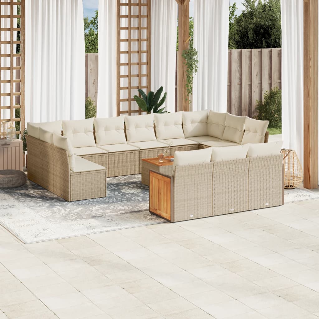 14-delige Loungeset met kussens poly rattan beige – afbeelding 1