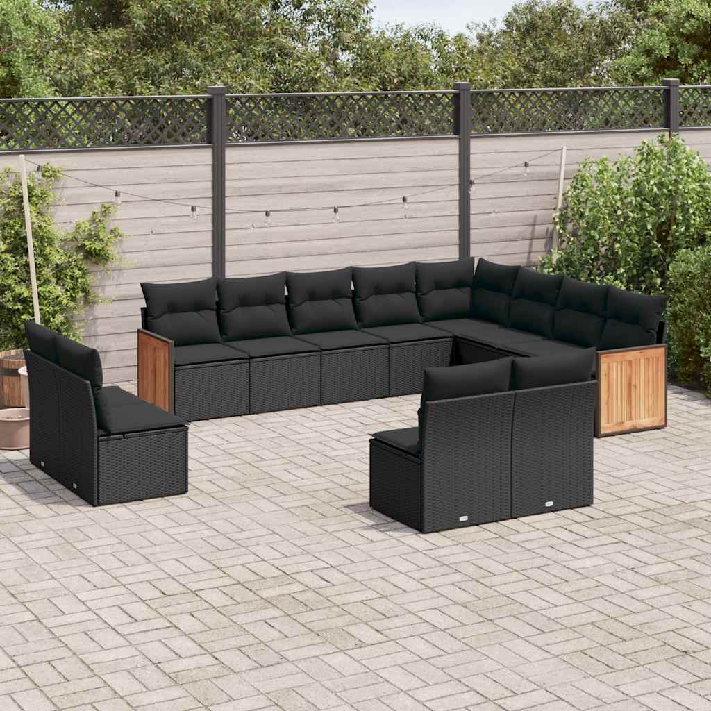 12-delige Loungeset met kussens poly rattan zwart – afbeelding 1