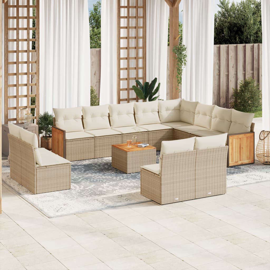 13-delige Loungeset met kussens poly rattan beige – afbeelding 1