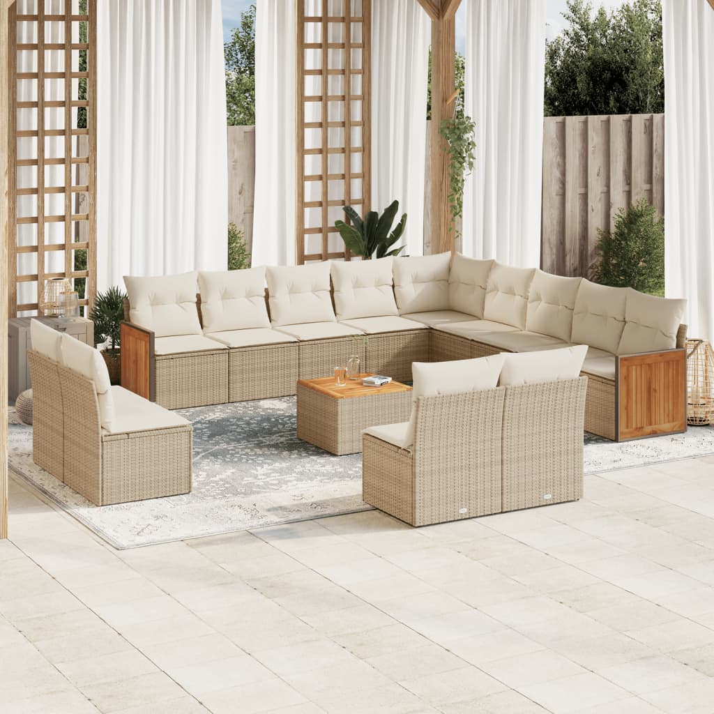 14-delige Loungeset met kussens poly rattan beige – afbeelding 1