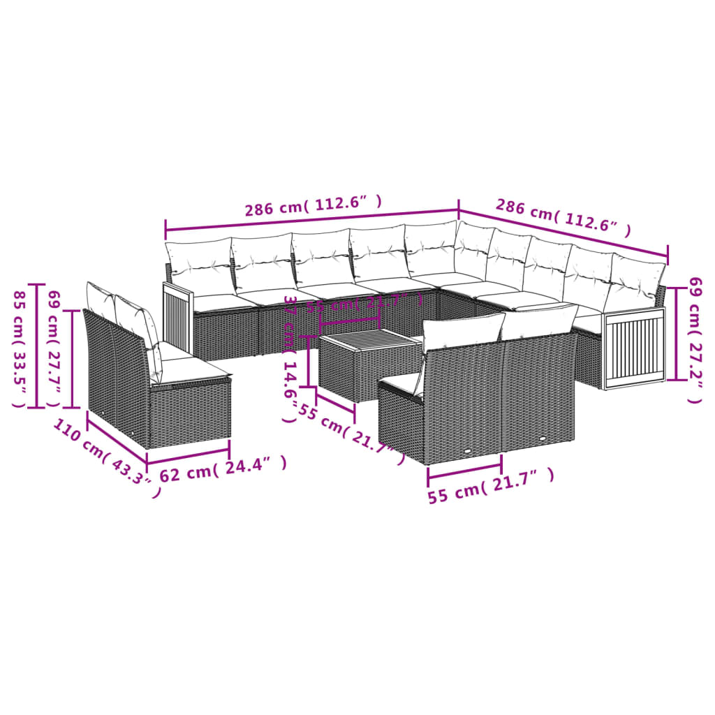 14-delige Loungeset met kussens poly rattan beige – afbeelding 8