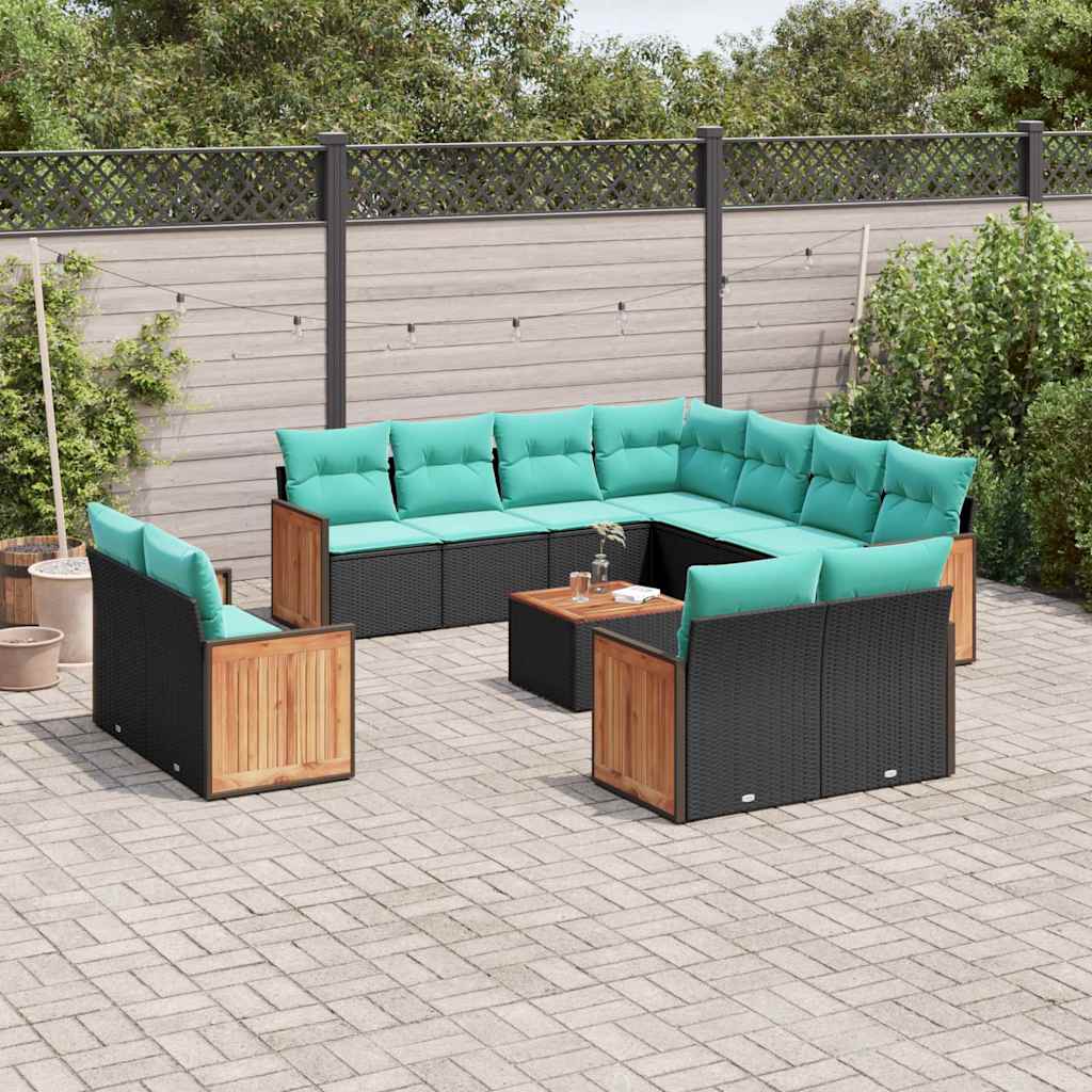12-delige tuinbankset met kussens van zwart polyrotan – afbeelding 1
