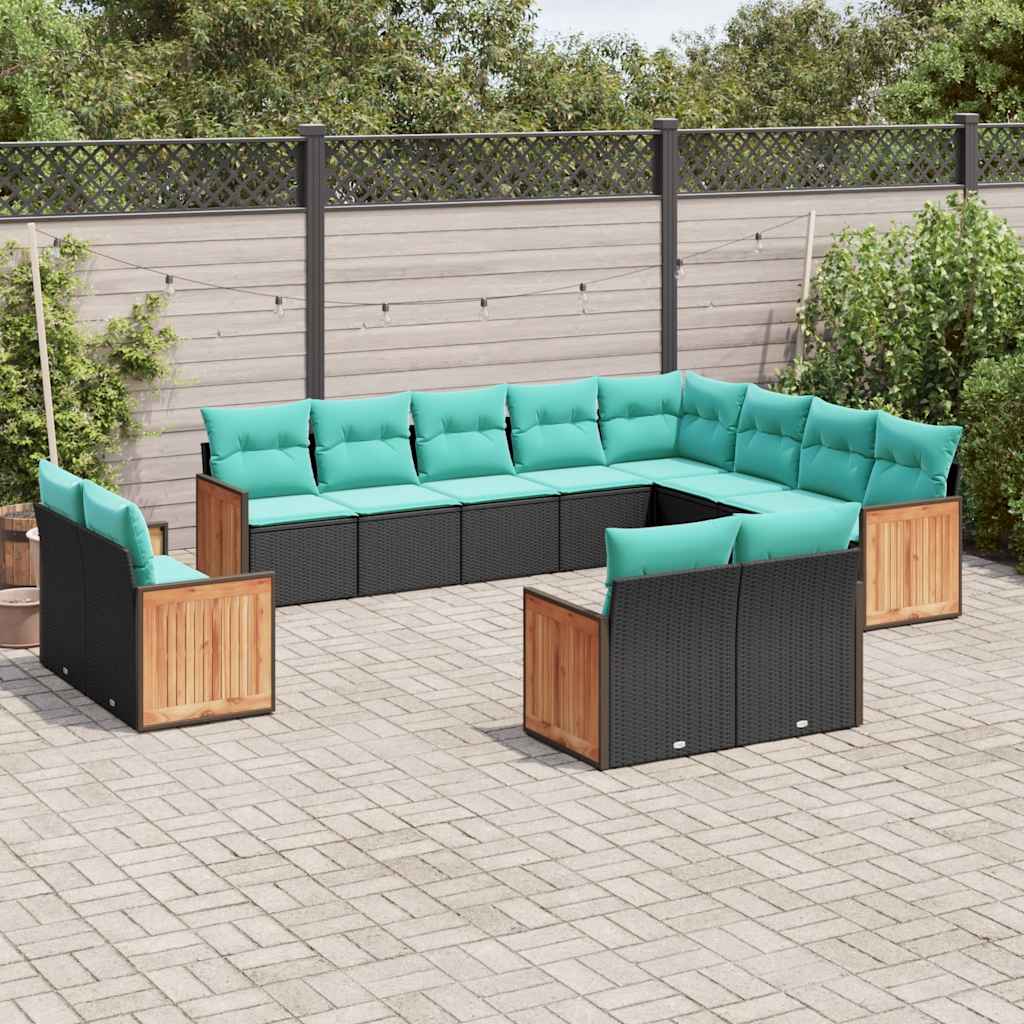 12-delige tuinbankset met kussens van zwart polyrotan – afbeelding 1