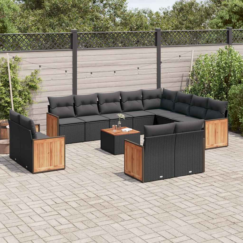 13-delige Loungeset met kussens poly rattan zwart – afbeelding 1