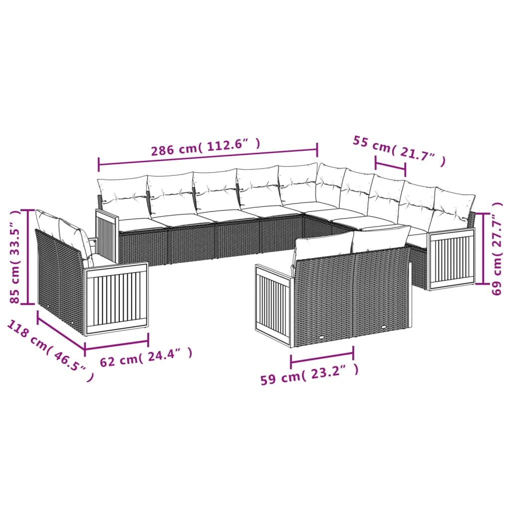 13-delige Loungeset met kussens poly rattan beige – afbeelding 7