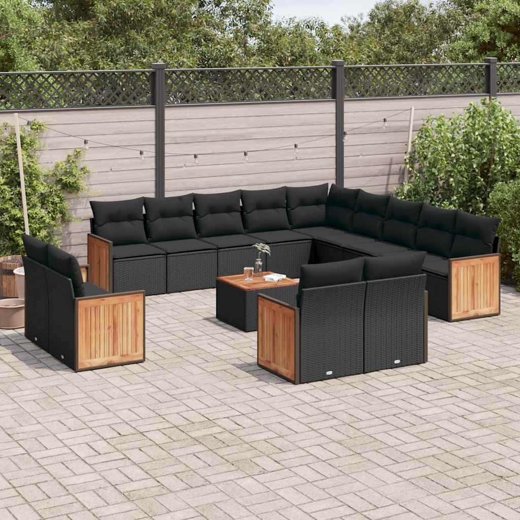 14-delige Loungeset met kussens poly rattan zwart – afbeelding 1