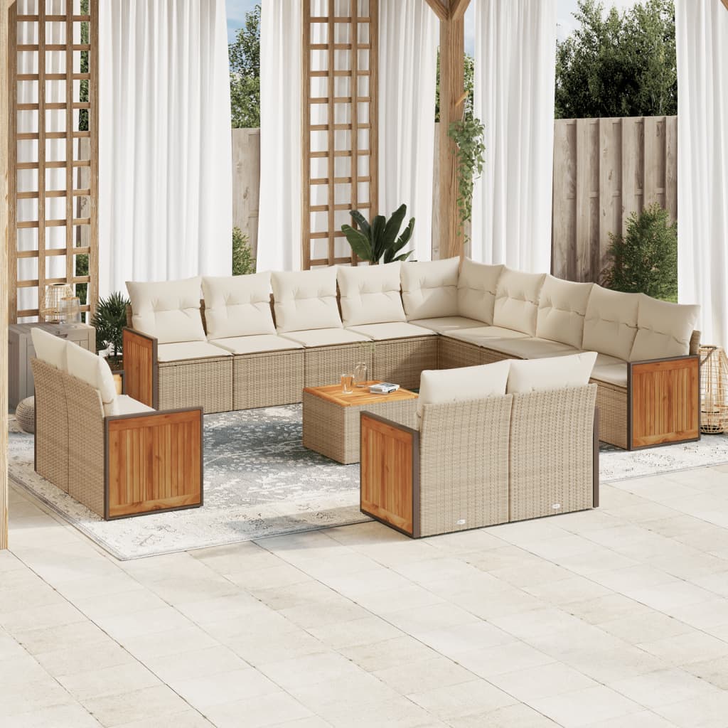 14-delige Loungeset met kussens poly rattan beige – afbeelding 1