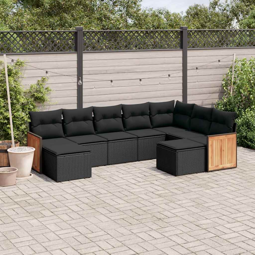 9-delige Loungeset met kussens poly rattan zwart – afbeelding 1
