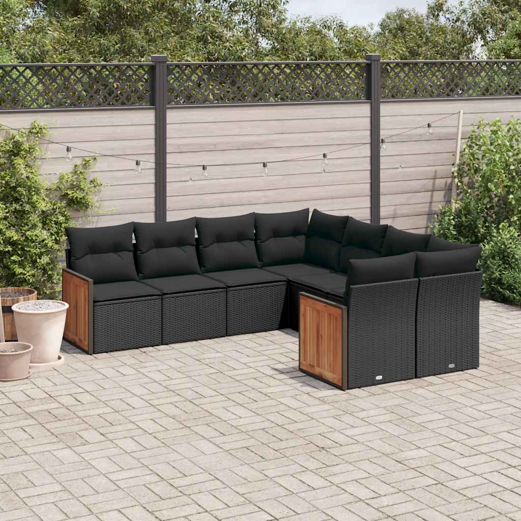 8-delige Loungeset met kussens poly rattan zwart – afbeelding 1