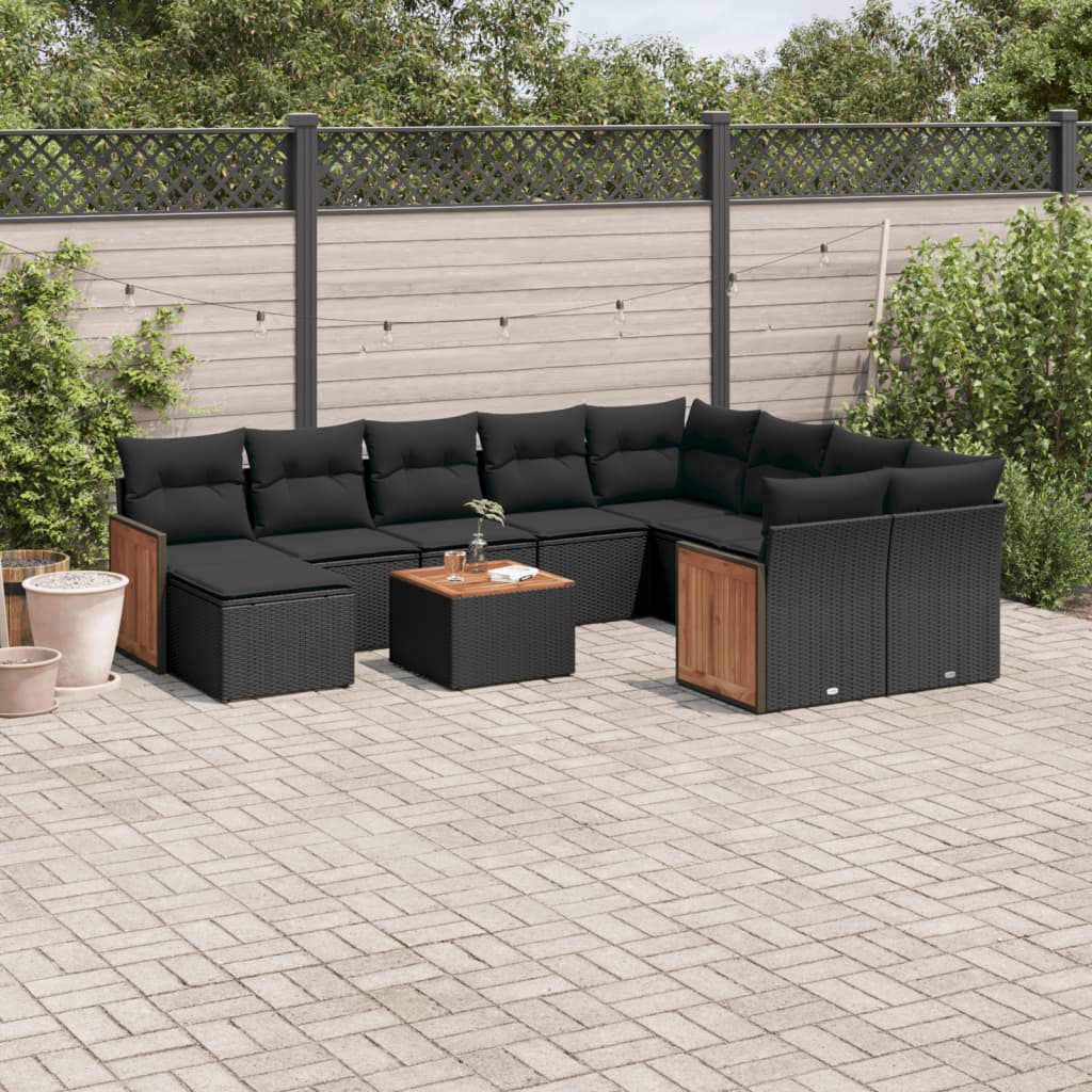 11-delige Loungeset met kussens poly rattan zwart – afbeelding 1