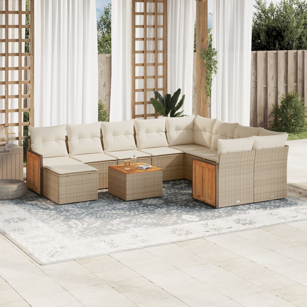11-delige Tuinset met kussens poly rattan beige – afbeelding 1