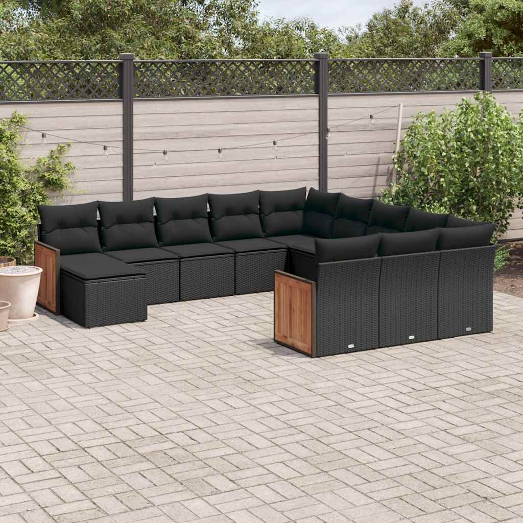 12-delige Loungeset met kussens poly rattan zwart – afbeelding 1