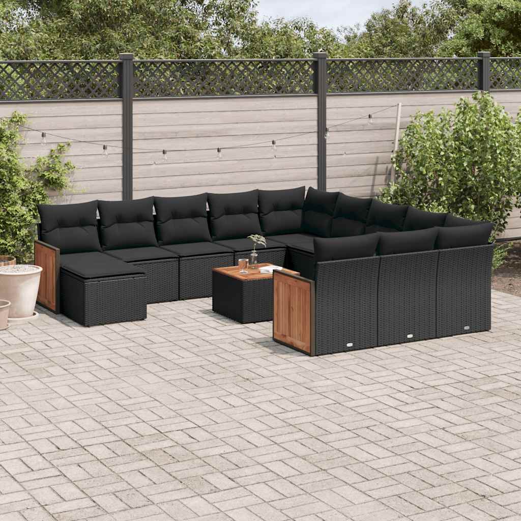 13-delige Loungeset met kussens poly rattan zwart – afbeelding 1