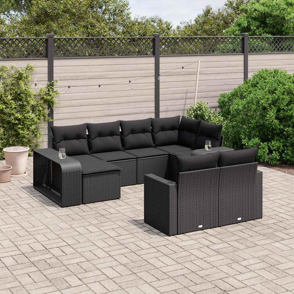 10-delige Loungeset met kussens poly rattan zwart – afbeelding 1