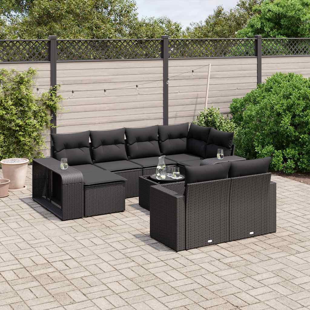 11-delige Loungeset met kussens poly rattan zwart – afbeelding 1