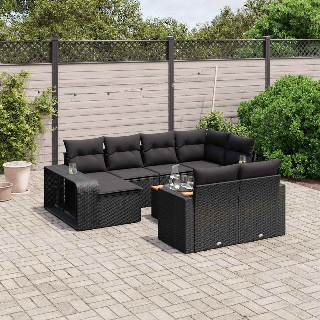 11-delige Loungeset met kussens poly rattan zwart – afbeelding 1