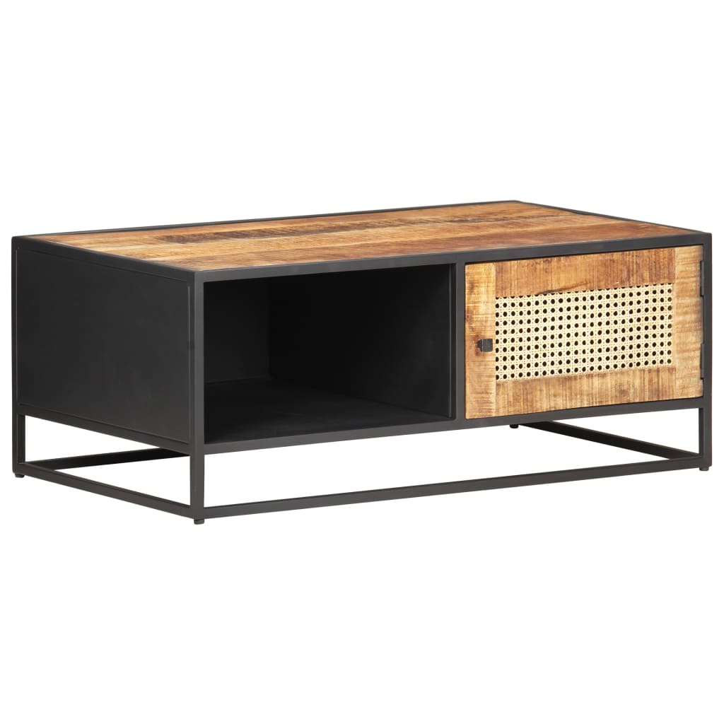 Salontafel 90x50x35 cm ruw mangohout en natuurlijk riet – afbeelding 1