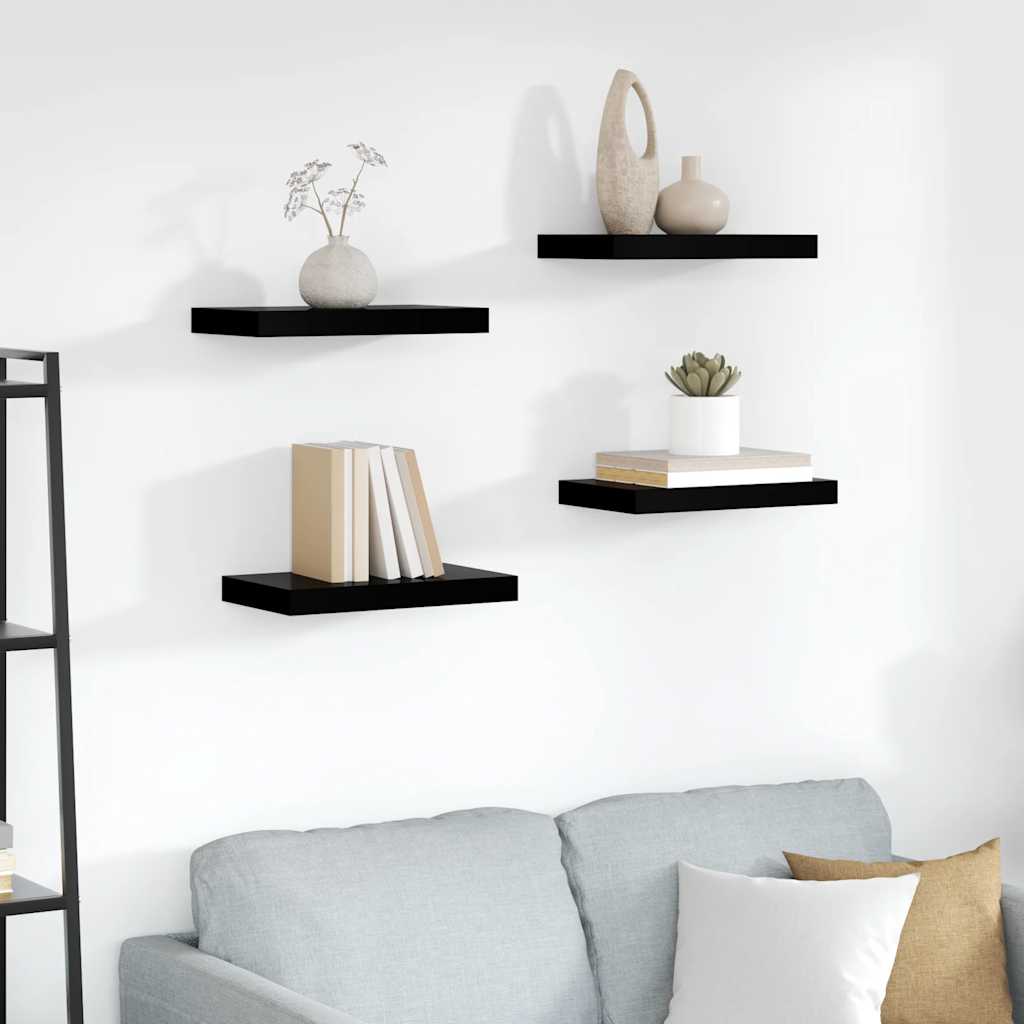 Wandschappen zwevend 4 st 40x23,5x3,8 cm MDF hoogglans zwart