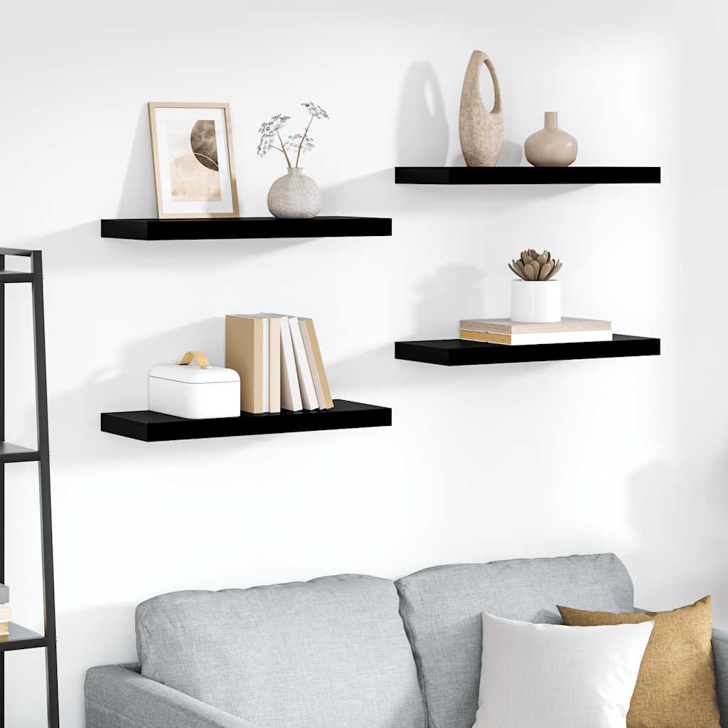 Wandschappen zwevend 4 st 60x23,5x3,8 cm MDF hoogglans zwart – afbeelding 1