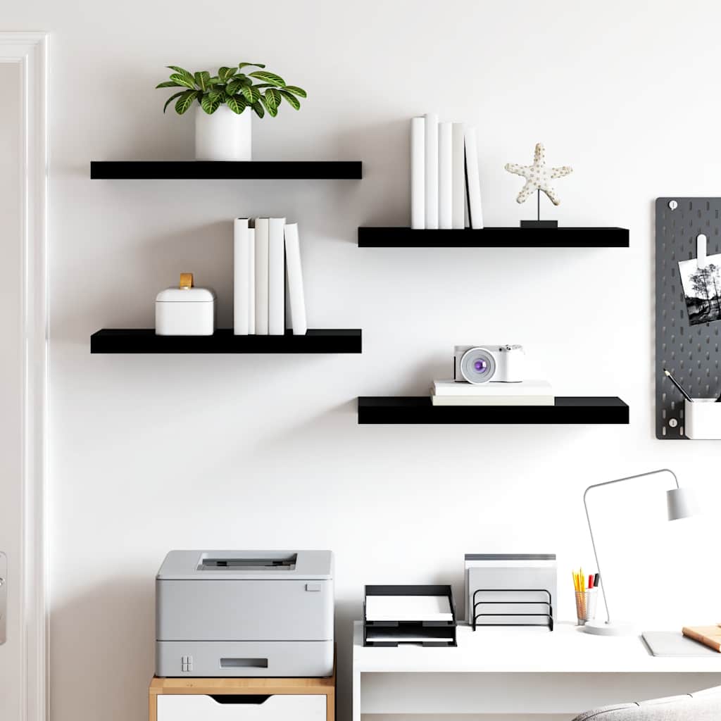 Wandschappen zwevend 4 st 60x23,5x3,8 cm MDF hoogglans zwart – afbeelding 3