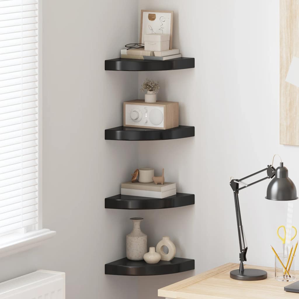Hoekschappen zwevend 4 st 25x25x3,8 cm MDF hoogglans zwart