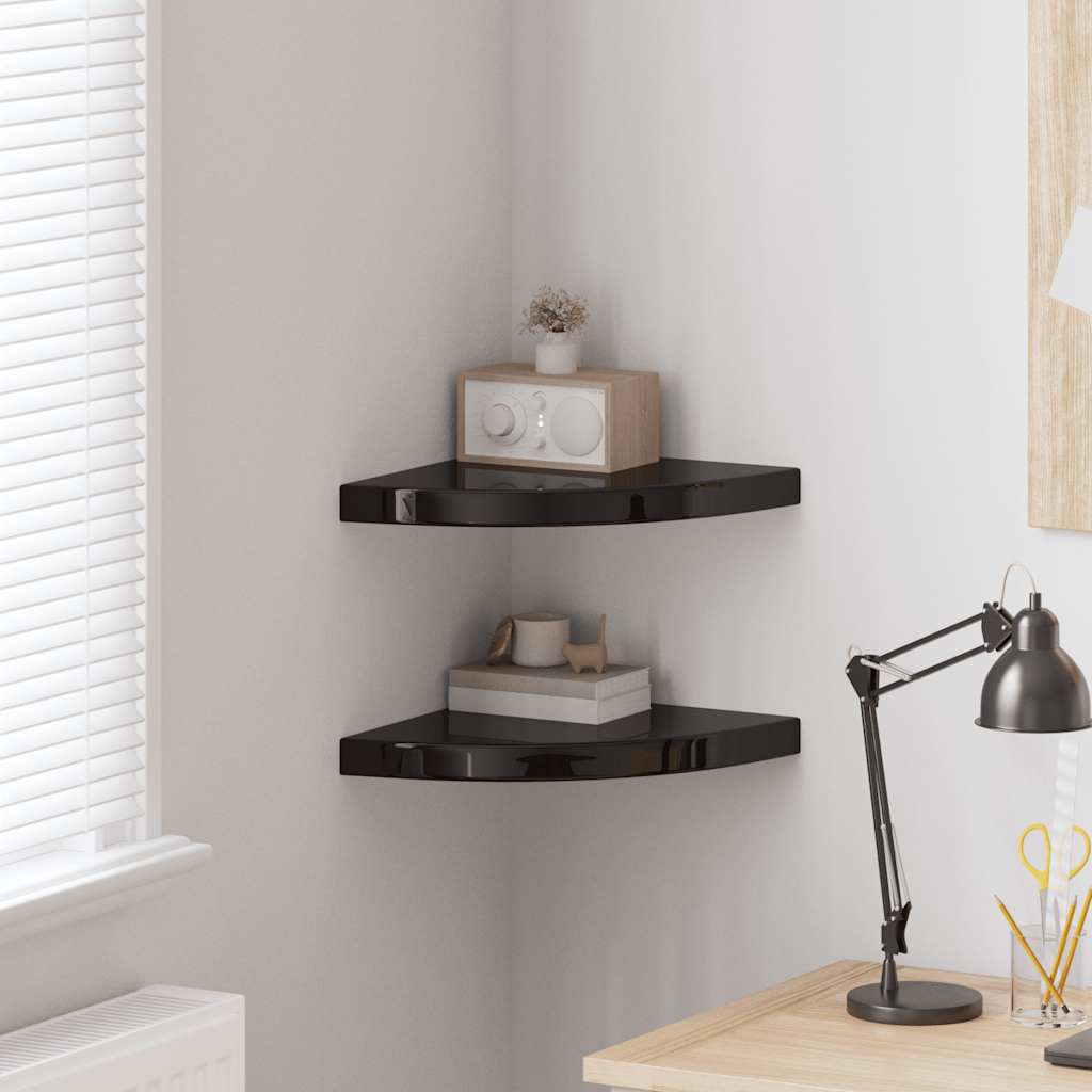 Hoekschappen zwevend 2 st 35x35x3,8 cm MDF hoogglans zwart