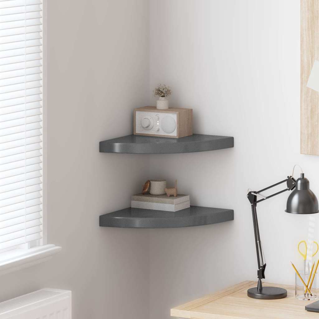 Hoekschappen zwevend 2 st 35x35x3,8 cm MDF hoogglans grijs