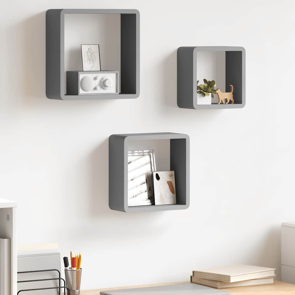 Wandschappen kubus 3 st MDF grijs
